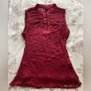Y2K Red Silk High Neck Embroidered Blouse Top Medium Red Vamp Whimsigoth Witchy